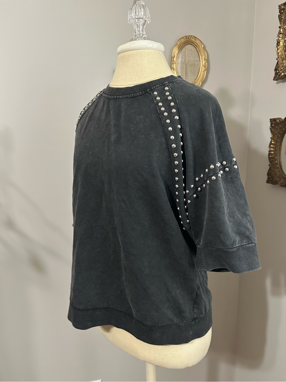 Washed Black Studded Short Sleeve Tee - Women's Casual Top - Picture 3 of 6